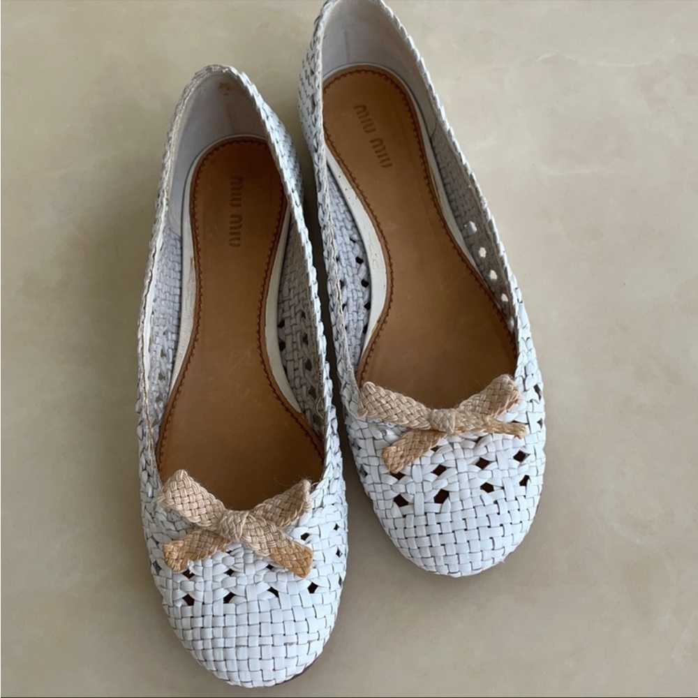 Miu Miu White Woven Leather Ballet Flat-Size 9.5